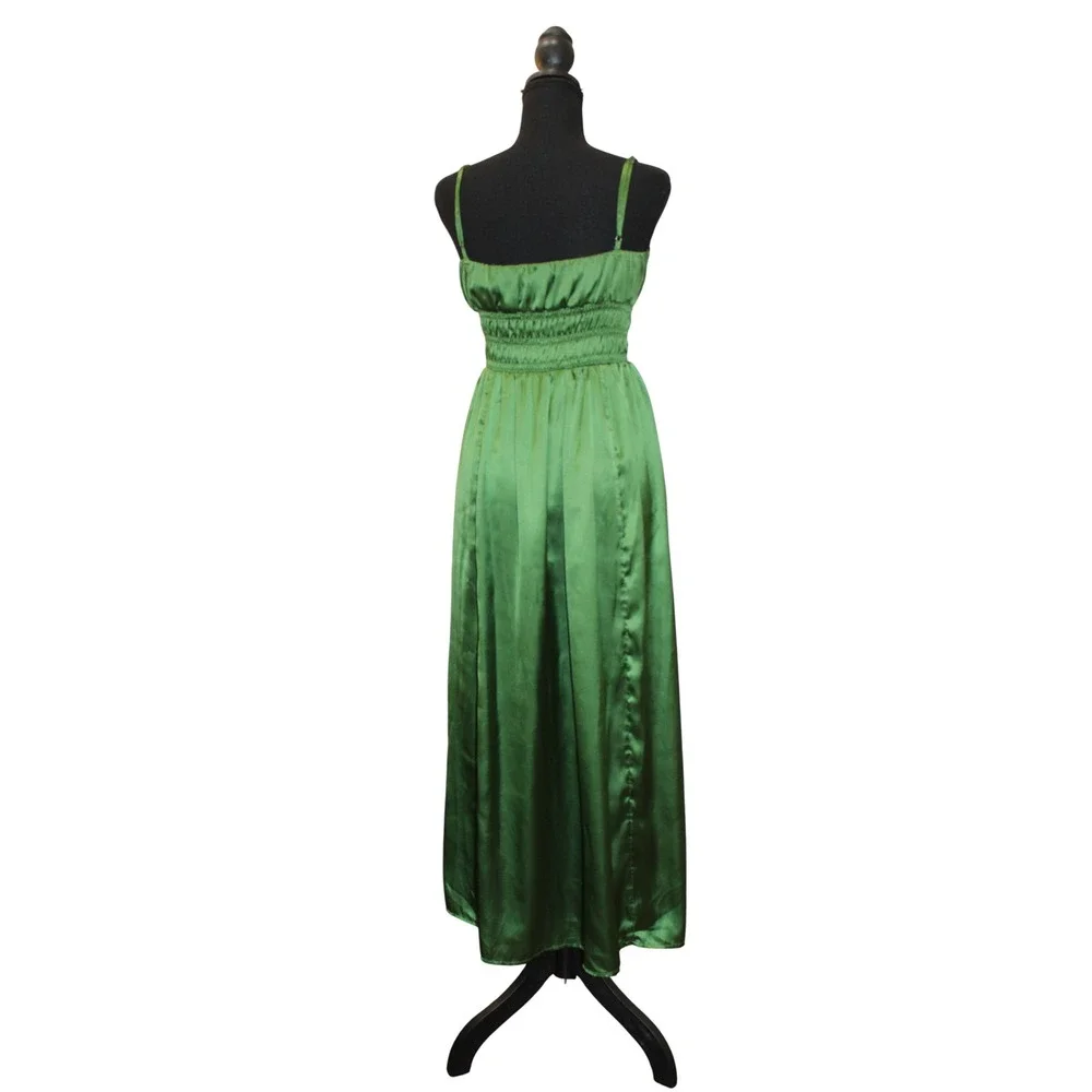 Abercrombie & Fitch Smocked Satin Side Slit Goddess Maxi Dress Women Small Green